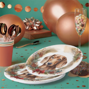 Dachshund Christmas Wreath Festive Pup  Paper Plate
