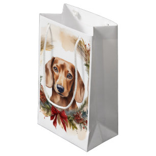 Dachshund Christmas Wreath Festive Pup Small Gift Bag