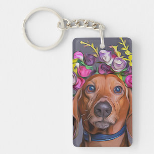 Dachshund Close Up Of Dachshund Wearing Flowers Keychain