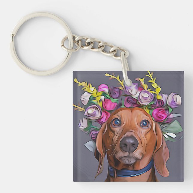 Dachshund Close Up Of Dachshund Wearing Flowers Keychain (Front)