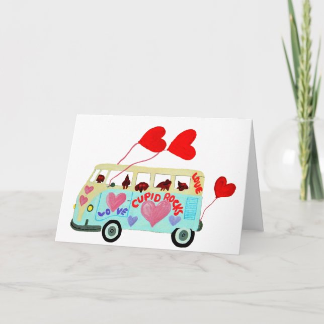 Dachshund Cupids In Their Valentine Love Van Holiday Card (Front)