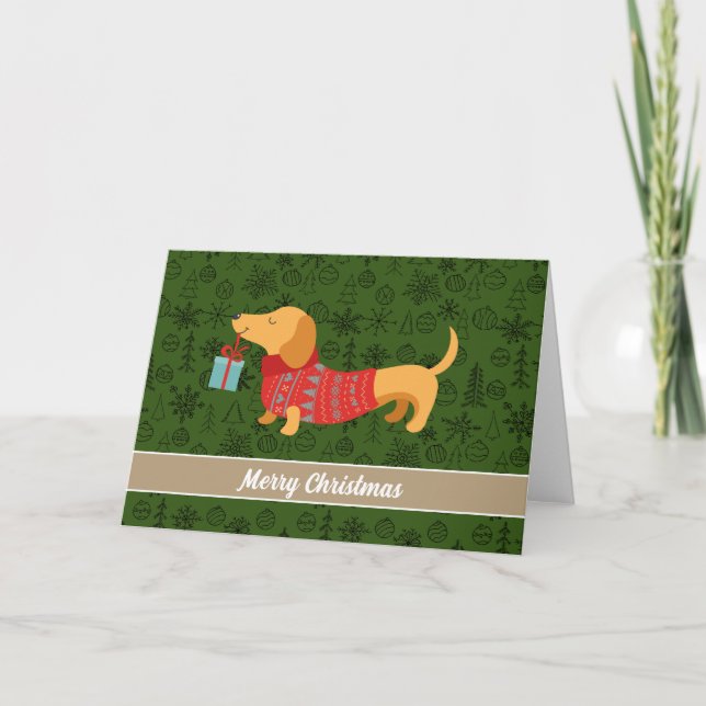 Dachshund cute green pattern, Merry Christmas  Holiday Card (Front)