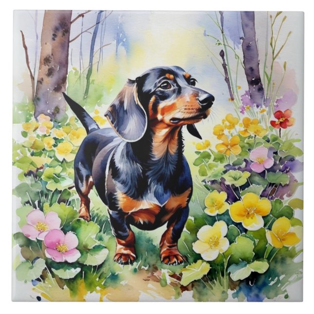 Dachshund Cute Sausage Dog Spring Primrose Flowers Tile (Front)