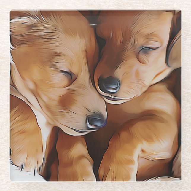 Dachshund Cute Sleeping Dachshund Puppies Birthday Glass Coaster (Front)