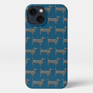Dachshund Daxie Dog Cute Silhouette Grid Blue iPhone 13 Case