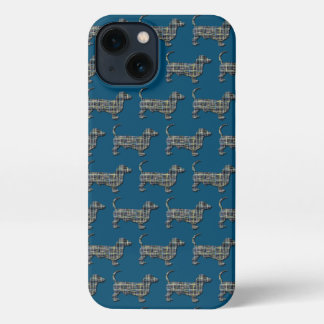 Dachshund Daxie Dog Cute Silhouette Grid Blue iPhone 13 Case