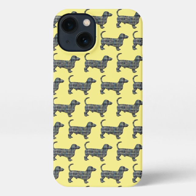 Dachshund Daxie Dog Cute Silhouette Grid Yellow iPhone Case (Back)