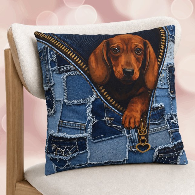 Dachshund & Denim Lover Faux Patchwork Throw Pillow (Creator Uploaded)