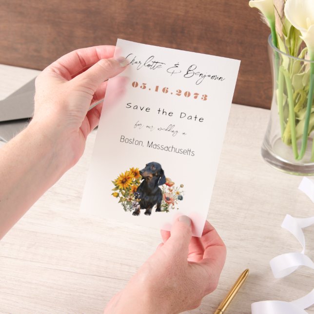 Dachshund Dog and Wildflowers Save the Date Vellum Invitations (Handheld)