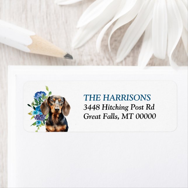 Dachshund Dog Blue Floral Return Address (Insitu)