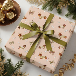 Dachshund Dog Christmas Chequerboard Sweater Bow Wrapping Paper