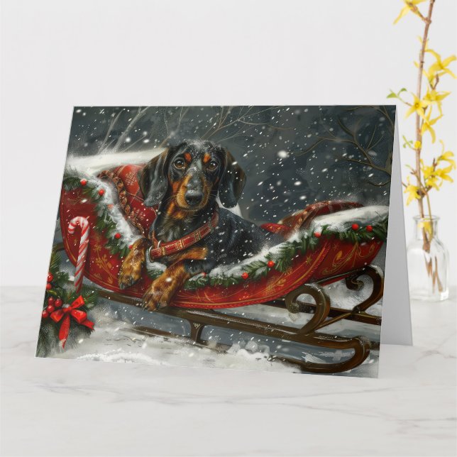 Dachshund Dog Christmas Festive  Card (Yellow Flower)