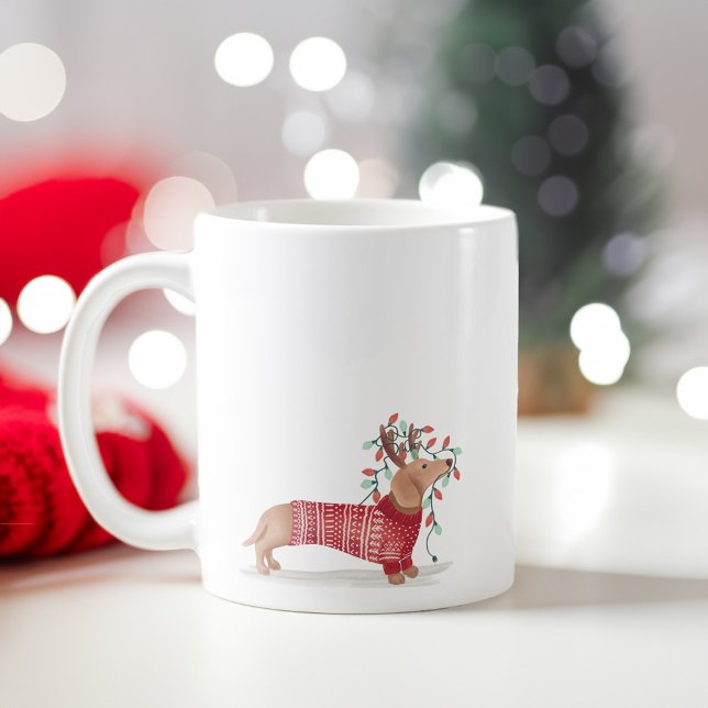 Dachshund Dog Christmas Sweater & Lights Coffee Mug (Dachshund Dog Christmas Sweater & Lights Coffee Mug)