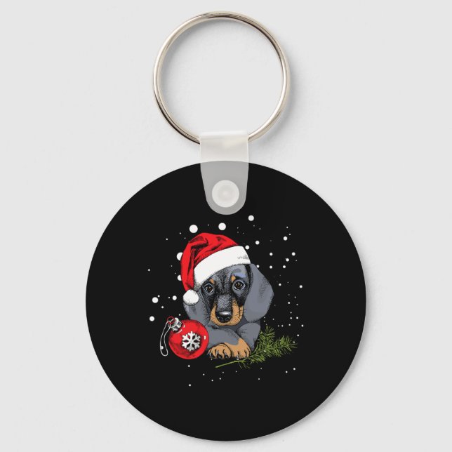 Dachshund Dog Christmas Tree Light Santa Xmas Gift Keychain (Front)
