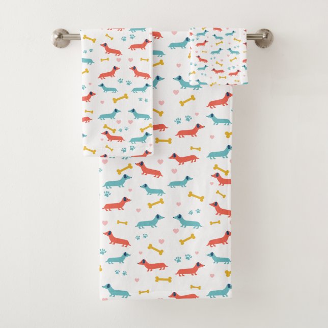 Dachshund Dog Colourful Doxies and Bones Bath Towel Set (Insitu)
