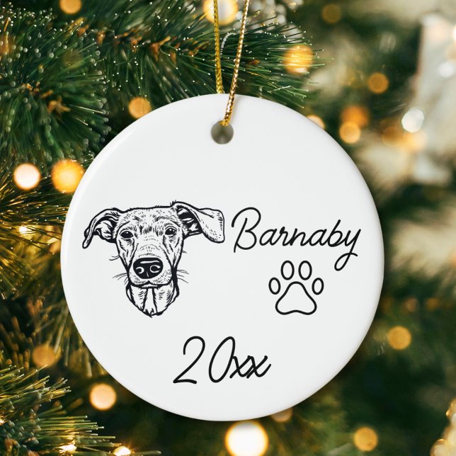 Dachshund Dog Custom Name & Year Line Art Ceramic Ornament (Dachshund Dog Custom Name and Year Ornament with Paw Print. Black and White Line Art Modern)