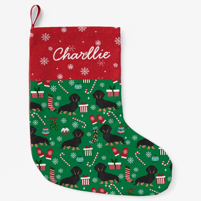 Dachshund dog, custom pet name small christmas stocking (Front)