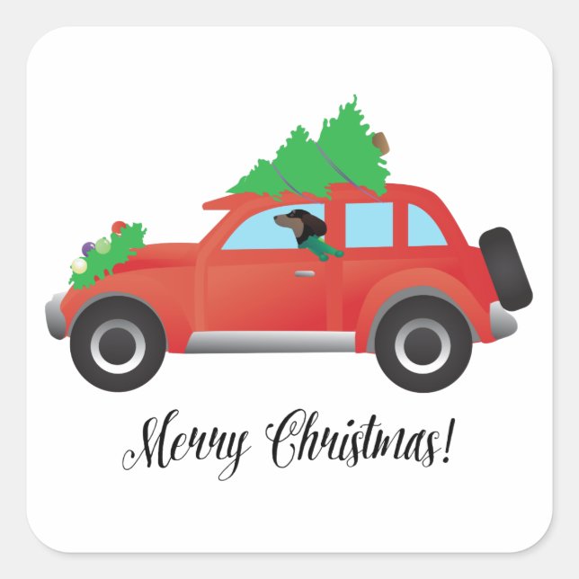 Dachshund Dog Driving Car - Christmas Tree on Top Square Sticker (Front)