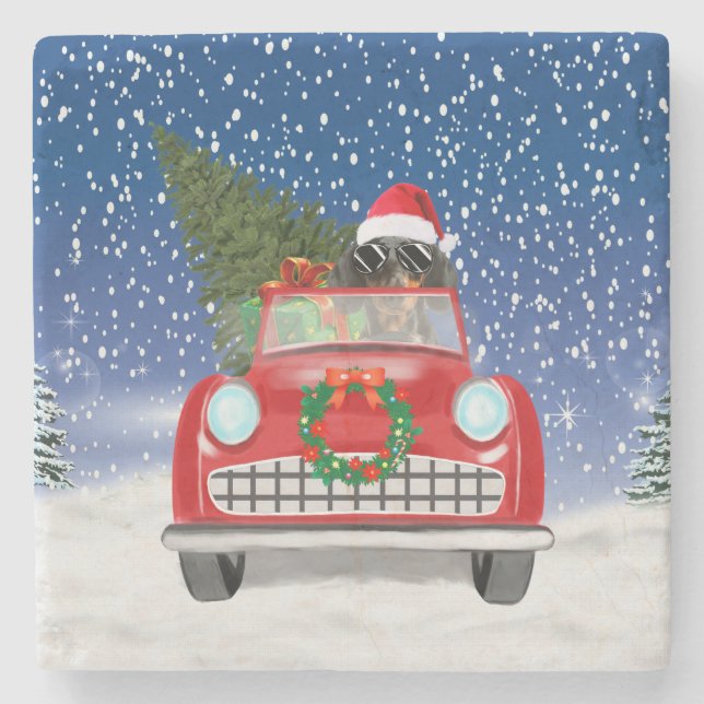Dachshund Dog Driving Car In Snow Christmas  Stone Coaster (Front)