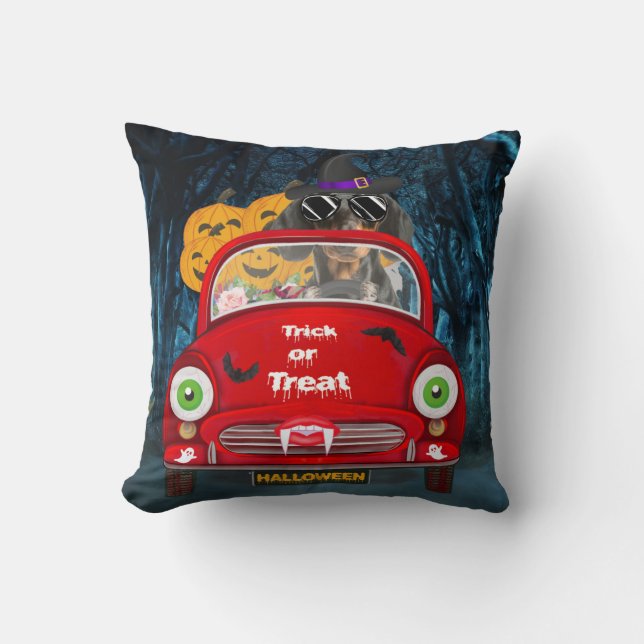 Dachshund Dog Driving Car Scary Halloween  Throw Pillow (Front)