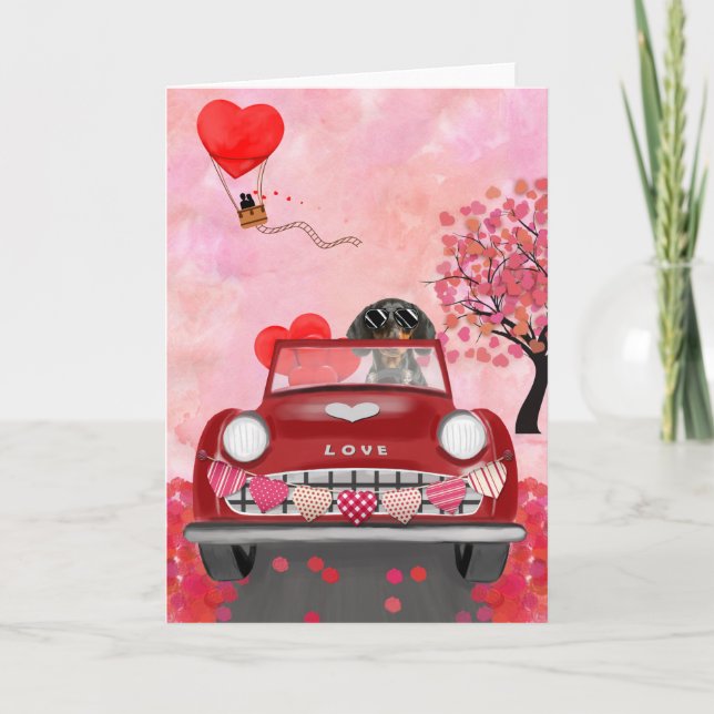 Dachshund Dog Driving Car with Hearts Valentine's  Card (Front)