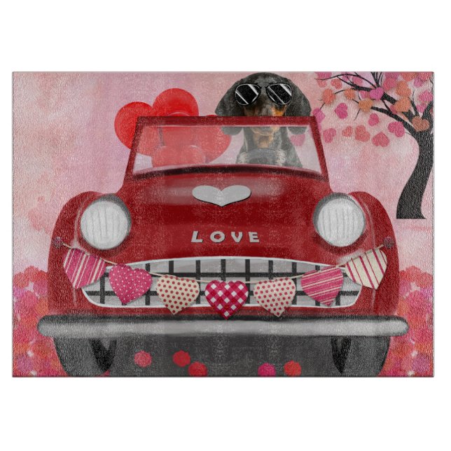 Dachshund Dog Driving Car with Hearts Valentine's  Cutting Board (Front)