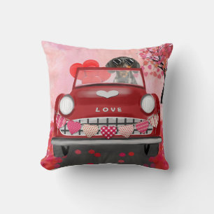 Dachshund Dog Driving Car with Hearts Valentine's Throw Pillow