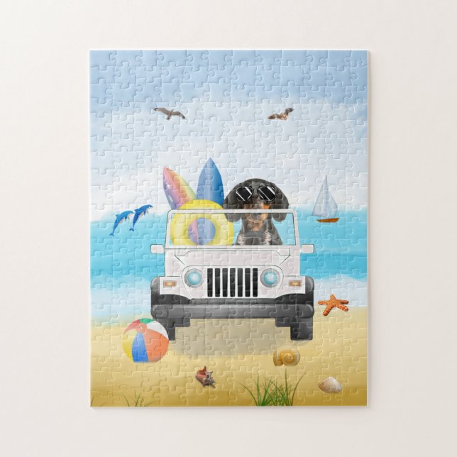 dachshund Dog Driving on Beach  Jigsaw Puzzle (Vertical)