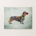 Dachshund Dog Floral On Green Jigsaw Puzzle<br><div class="desc">Dachshund Dog with a shabby floral design profile over a textured painted green background. A lovely gift for a pet owner.</div>