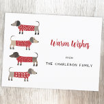 Dachshund Dog Fun  Holiday Postcard<br><div class="desc">Cute and adorable Dachshund Sausage or Wiener dogs in festive red and white knitted sweaters.  Change the name and the greeting to personalize.  Reverse features a matching little dog.  Original art by Nic Squirrell.</div>