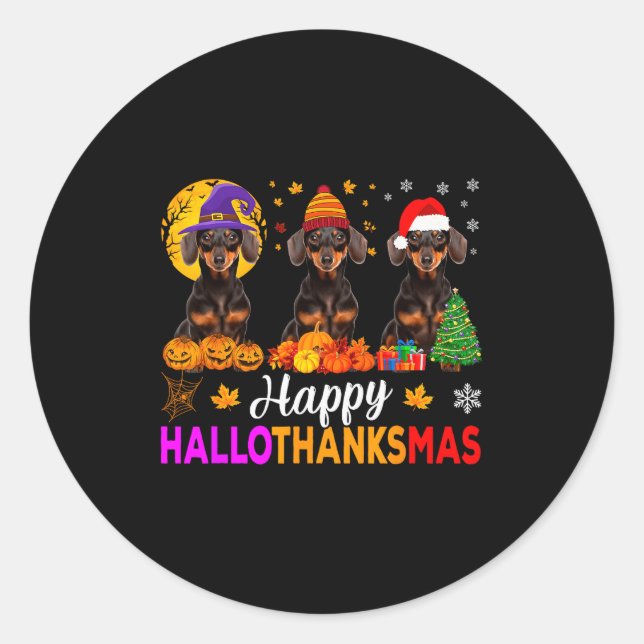 Dachshund Dog Halloween Christmas Hallothanksmas F Classic Round Sticker (Front)
