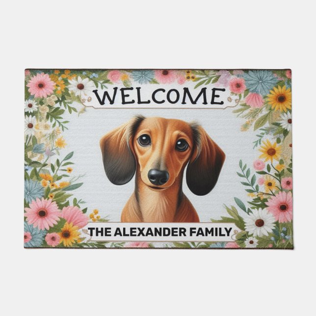 Dachshund Dog Home Sweet, Floral Framed Welcome Doormat (Front)