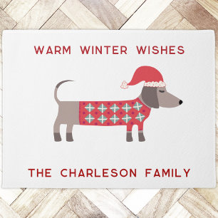 Dachshund Dog in a Santa Hat Personalized Holiday Doormat