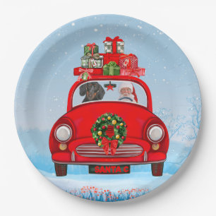 Dachshund Dog In Car With Santa Claus  Paper Plate