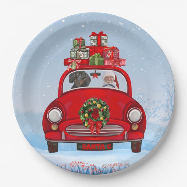 Dachshund Dog In Car With Santa Claus  Paper Plate (Front)