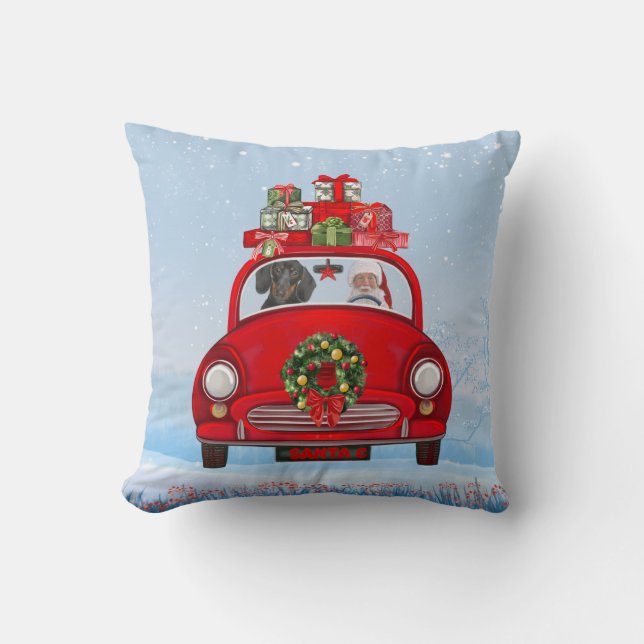 Dachshund Dog In Car With Santa Claus Throw Pillow (Front)