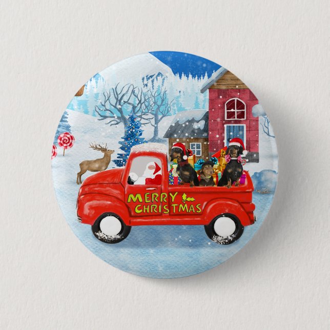 Dachshund Dog in Christmas Delivery Truck Snow  2 Inch Round Button (Front)