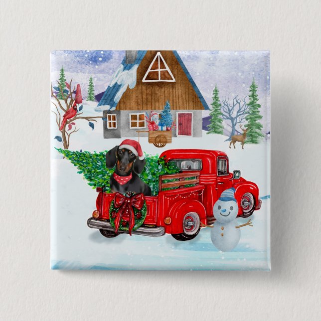 Dachshund Dog In Christmas Delivery Truck Snow 2 Inch Square Button (Front)
