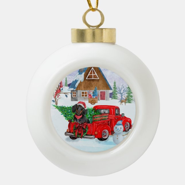 Dachshund Dog In Christmas Delivery Truck Snow Ceramic Ball Christmas Ornament (Front)
