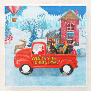 Dachshund Dog in Christmas Delivery Truck Snow Glass Coaster