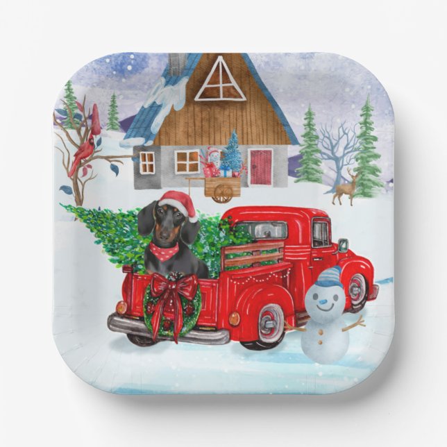 Dachshund Dog In Christmas Delivery Truck Snow Paper Plate (Front)