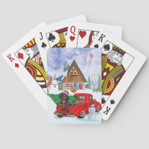 Dachshund Dog In Christmas Delivery Truck Snow Playing Cards