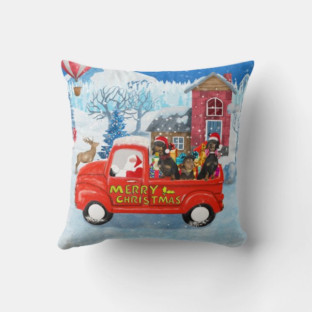 Dachshund Dog in Christmas Delivery Truck Snow Throw Pillow (Back)