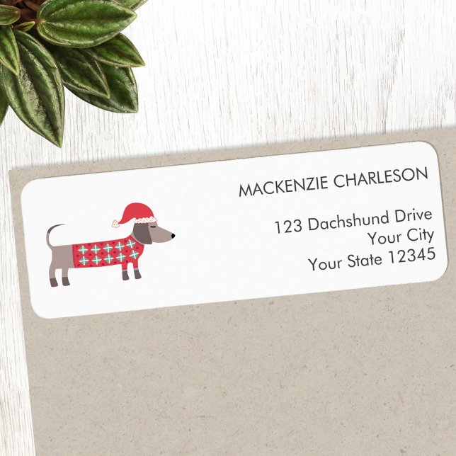 Dachshund Dog in Christmas Hat Return Address (Fun Dachshund Wiener Sausage Dog in a Christmas hat personalized return address label)