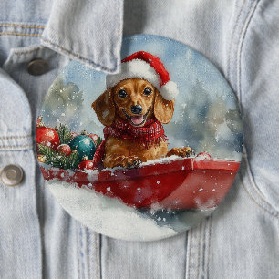 Dachshund Dog in Sledge Let it Snow Christmas 6 Inch Round Button