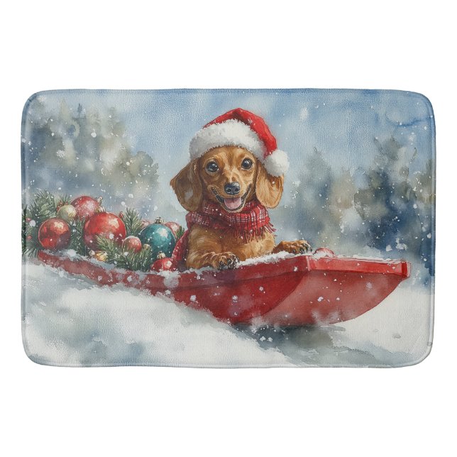 Dachshund Dog in Sledge Let it Snow Christmas Bath Mat (Front)