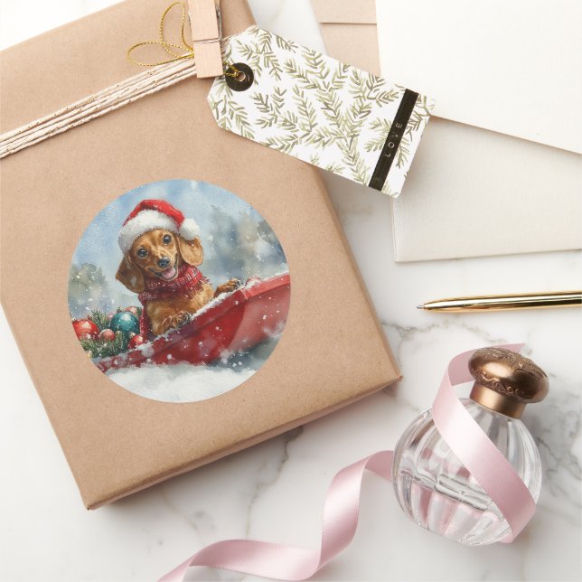 Dachshund Dog in Sledge Let it Snow Christmas Classic Round Sticker (Gifting)