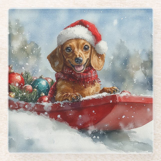 Dachshund Dog in Sledge Let it Snow Christmas Glass Coaster (Front)