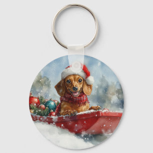Dachshund Dog in Sledge Let it Snow Christmas Keychain