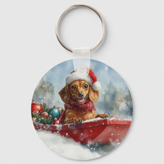 Dachshund Dog in Sledge Let it Snow Christmas Keychain (Front)